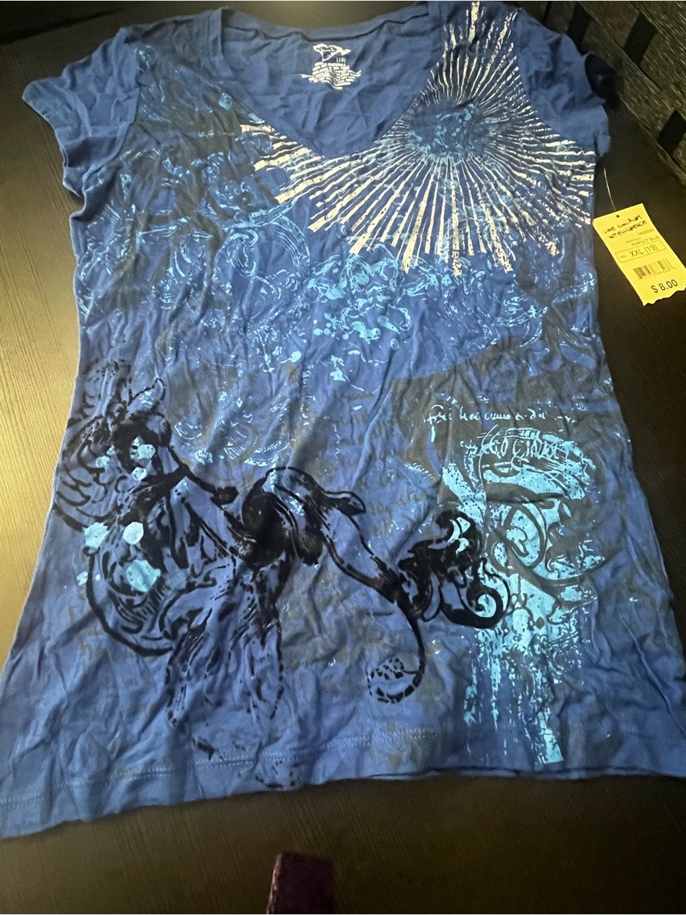 Vintage lei Blue Graphic V-Neck Short Sleeve Tee Size XXL slim fit